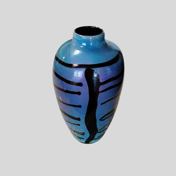 Other - Handblown Iridescent Art Glass Vase With Abstract Design Blue & Purple Tones 12"
